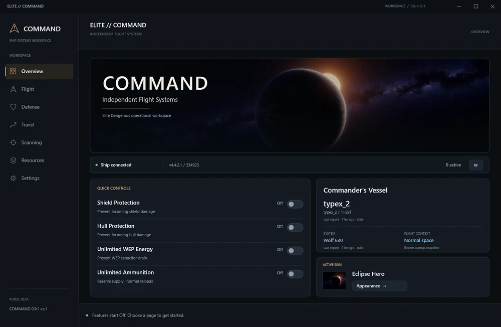 COMMAND Overview connected to a ship session, with quick controls Off